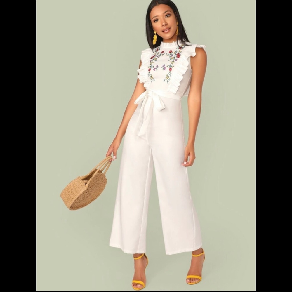 Mock Neck Ruffle Trim Embroidery Belted Palazzo